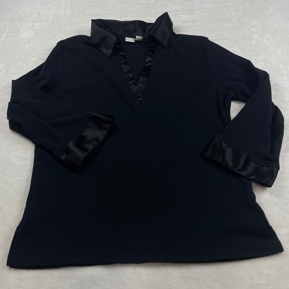 Route‎ Black 100% Cotton V-Neck Top with Satin Trim Collar and Cuffs XL